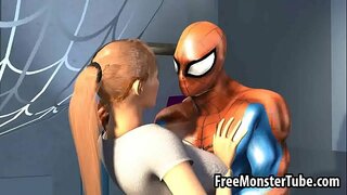3D babe melyn yn cael ei pussy llyfu gan Spiderman